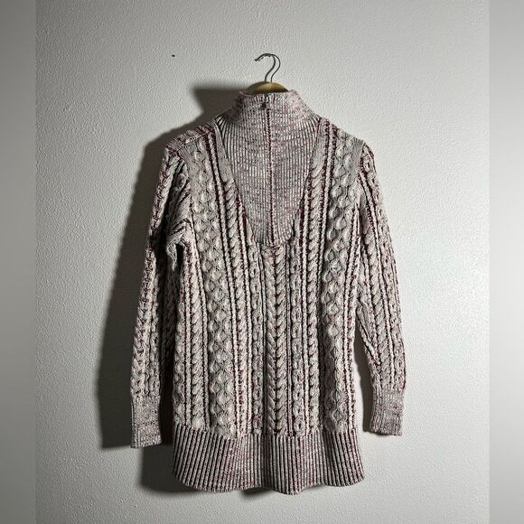 Soft Surroundings Red Cream 1/4 Zip Cable Knit Longline Sweater Wool Blend M - Picture 1 of 4